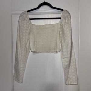 Smocked Eyelet Cream Long Sleeve Women's Top